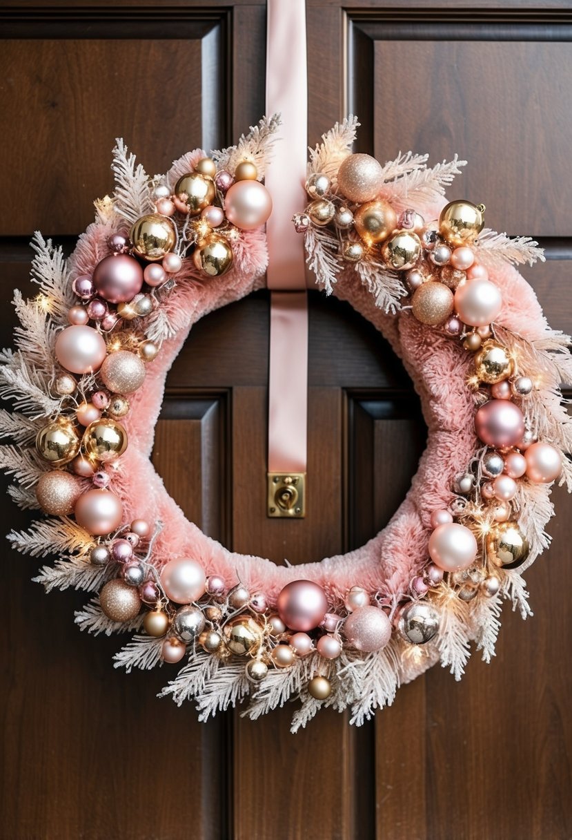 A blush pink Christmas wreath adorned with delicate ornaments and sparkling lights hangs on a wooden door