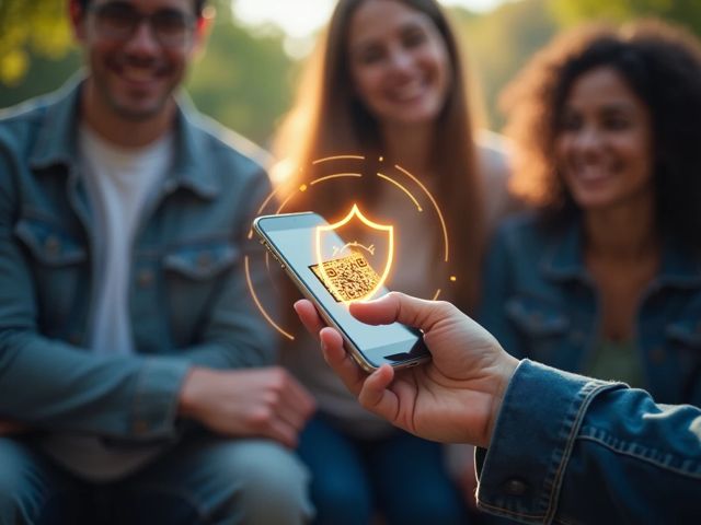 A close-up of a smartphone scanning a QR code, surrounded by a glowing shield symbolizing protection and safety, with a soft-focus background of people smiling and interacting in a safe environment