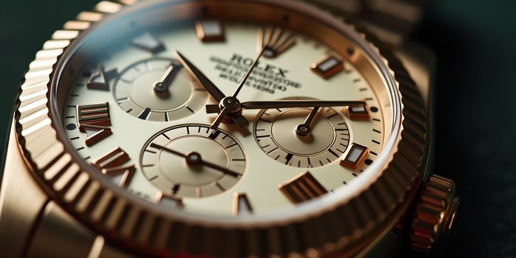 Close-up of a luxurious Rolex Sky-Dweller watch.