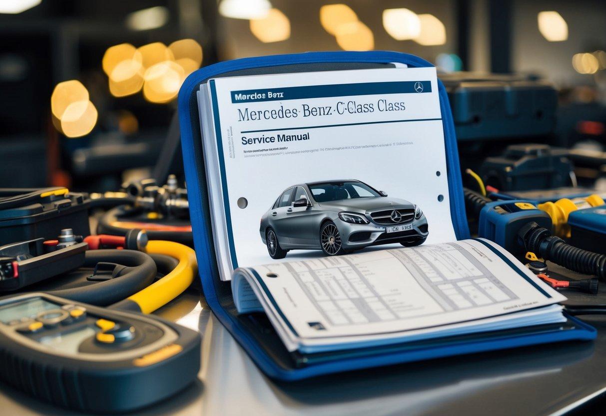 A Mercedes-Benz C Class service manual open on a workbench, surrounded by various tools and diagnostic equipment