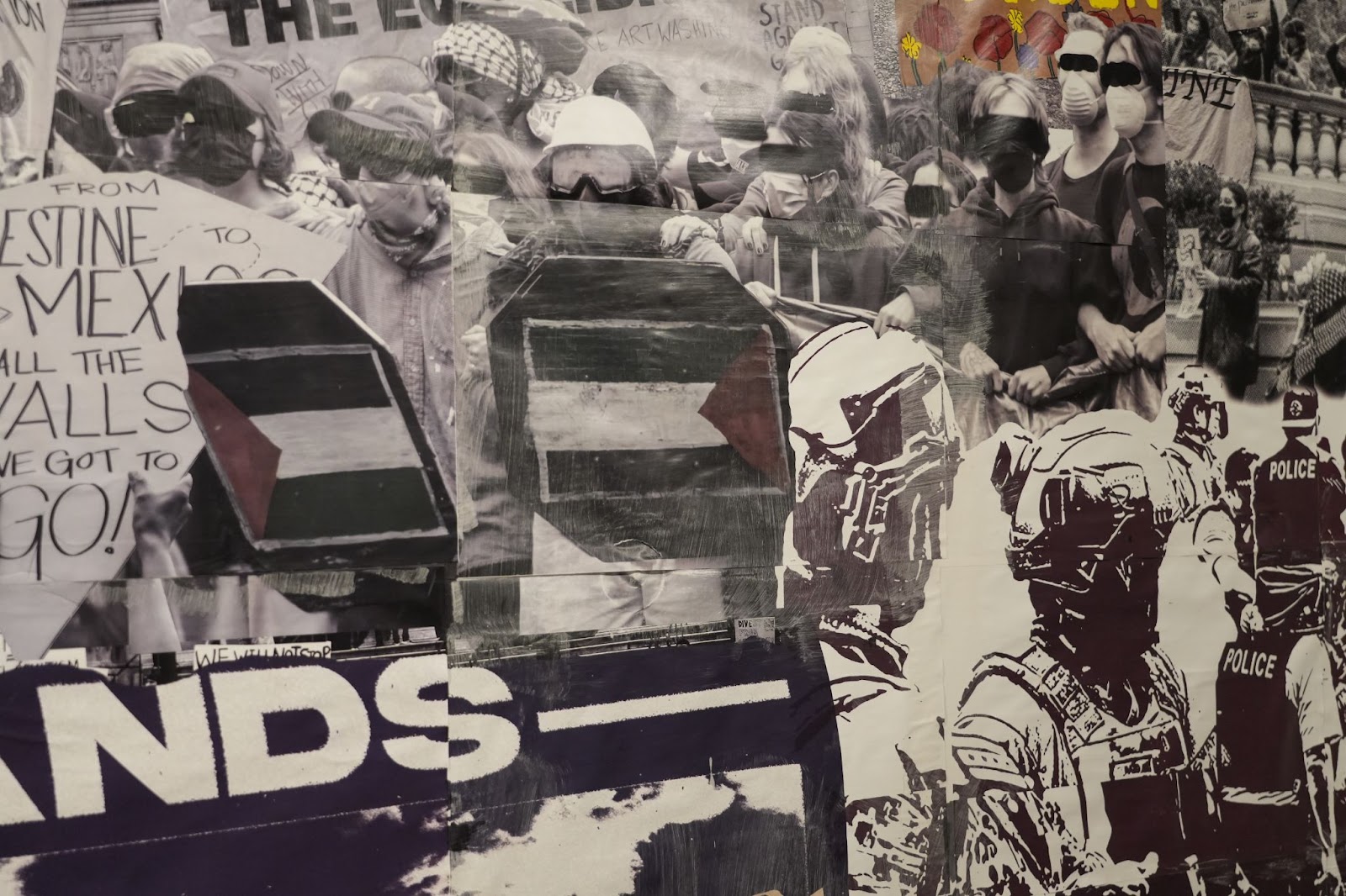 Image: A photo collage featuring images of student-protestors with thick, black lines over their eyes. Some students are carrying shields with a Palestinian flag on the front. Also featured are graphics of Chicago police in riot suits. Photo by Curators Under Censorship.