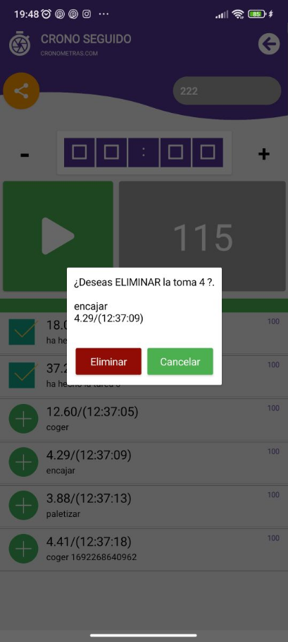 Borrar un tiempo en la pantalla de cronoseguido de la aplicación de estudios de tiempos