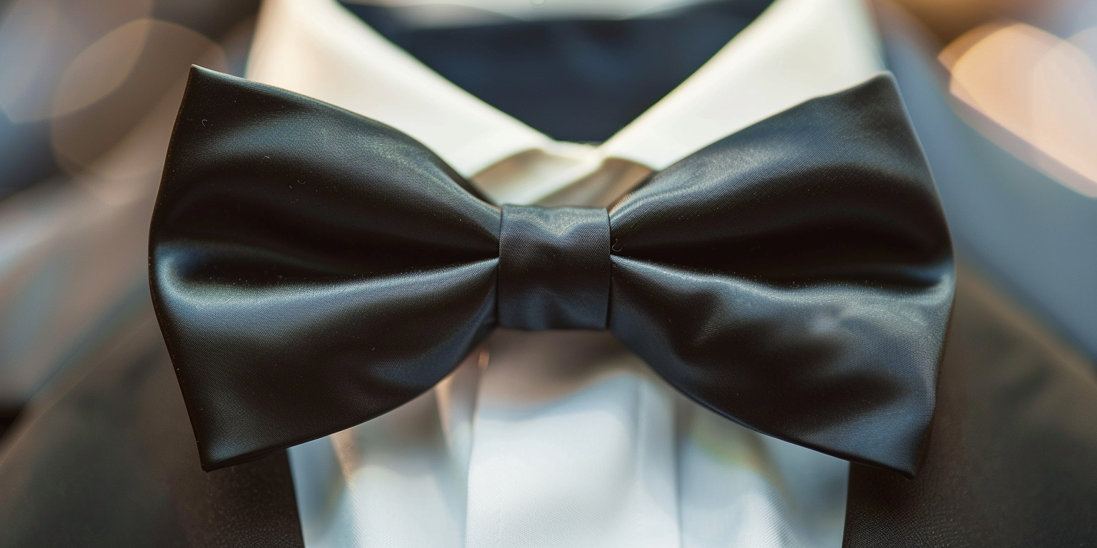 A sharp, elegant bow tie perfectly tied on a white dress shirt with a black tuxedo jacket. The bow tie is classic black silk with a slight sheen, symbolizing formal and timeless style. Background is softly blurred to keep focus on the crisp bow and sophisticated outfit.