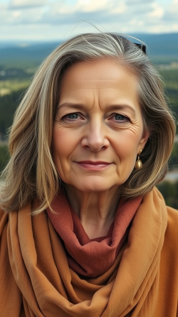 A woman over 50 with long layered hair and a center part, wearing a warm scarf.