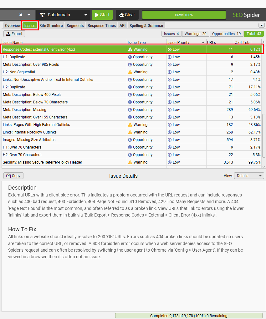 Screaming Frog Broken Links and Errors Detection