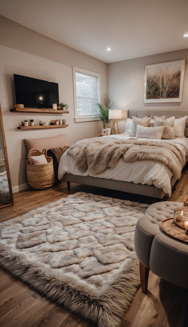 A plush area rug lies in the center of a cozy bedroom, surrounded by 25 different bedroom ideas for couples