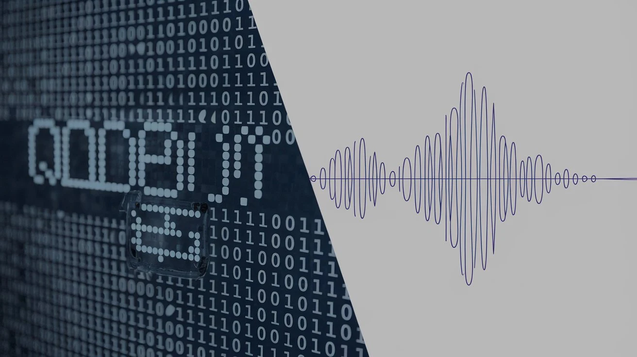 A split-screen image comparing bits as 0s and 1s with qubits in superposition, illustrating their differences in data processing.