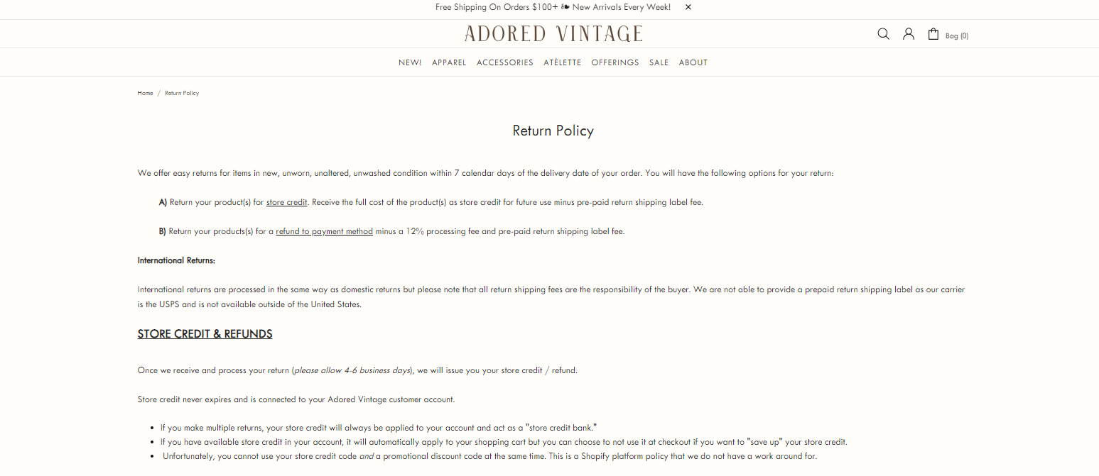 Adored Vintage's return page is comprehensive and segments different aspects of the return policy with headings.