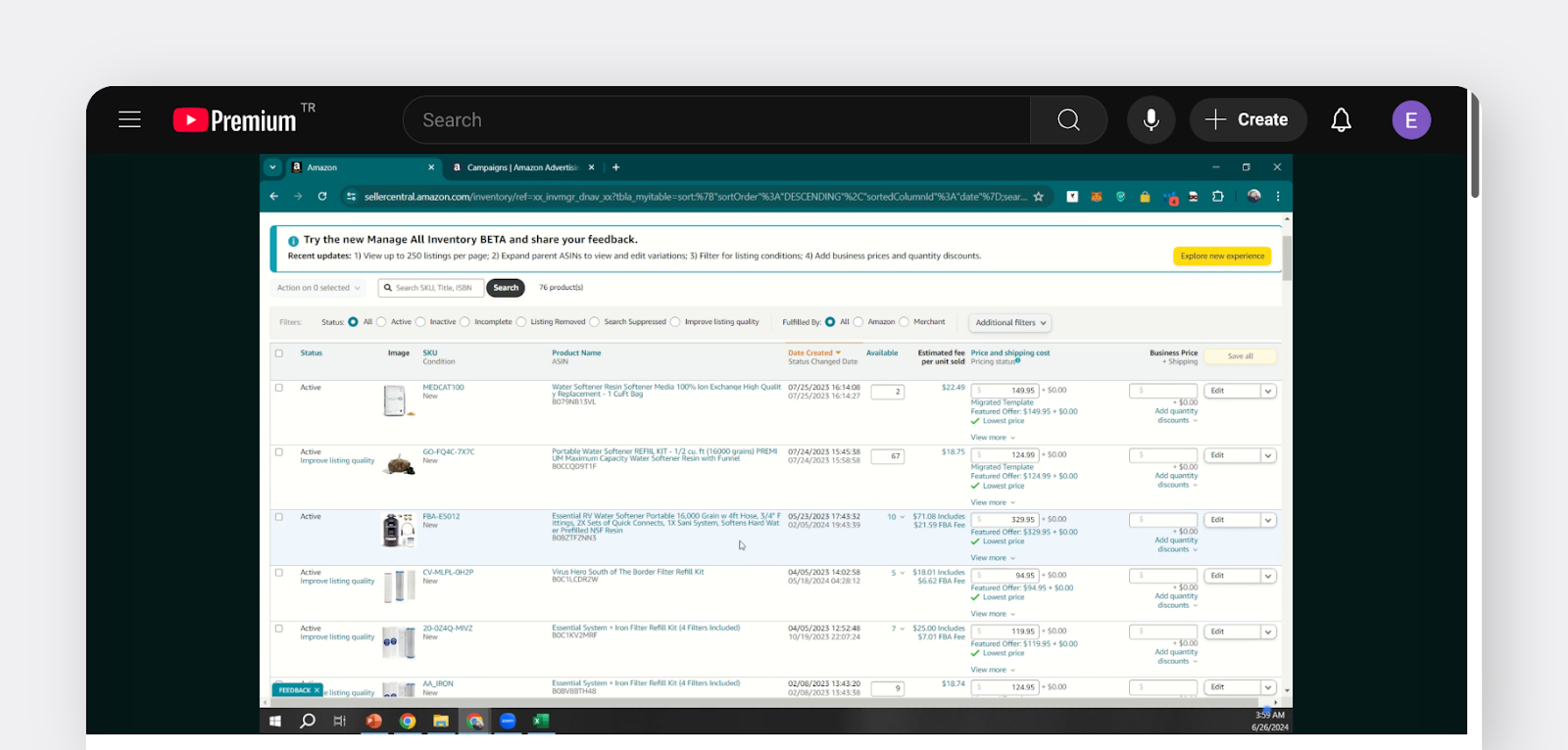 A screenshot of Amazon Seller Central showing the inventory management dashboard with product listings, status, pricing, and quantity details.