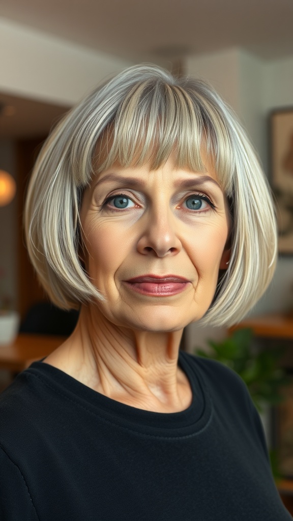 A woman over 50 with a soft blunt cut hairstyle, showcasing sleek and shiny hair.