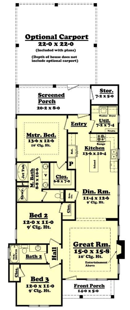 Main level floor plan of a 3-bedroom single-story bungalow home with front and screened porches, great room, kitchen, dining area, utility room, and an optional carport.