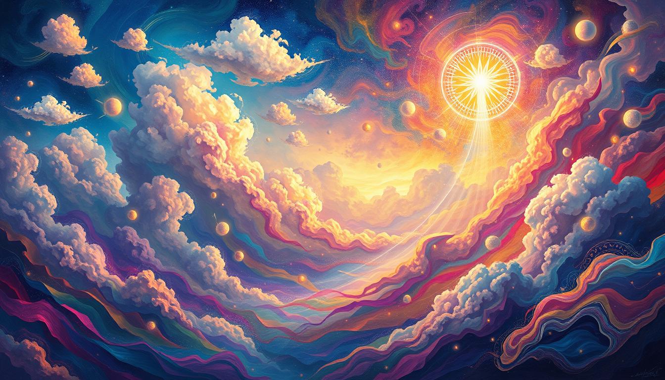 A surreal landscape filled with vibrant colors and swirling forms, depicting a vast expanse of dreams taking flight; clouds made of imagination floating above, ethereal symbols of hope and desire scattered throughout, with a mystical light illuminating the scene, reflecting the boundless potential of the mind.