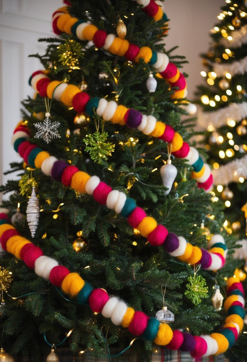 A festive Christmas tree adorned with a colorful felted wool garland, surrounded by twinkling lights and other seasonal decorations