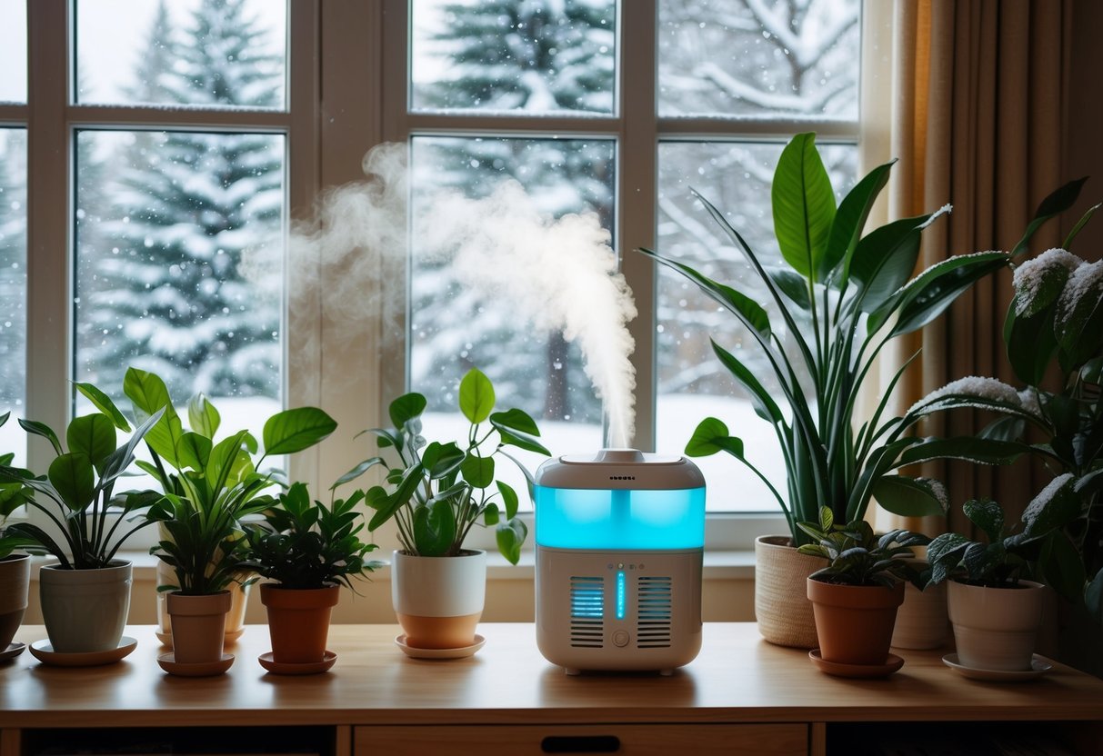 A cozy living room with a variety of lush houseplants, a humidifier emitting a fine mist, and snow falling outside the window