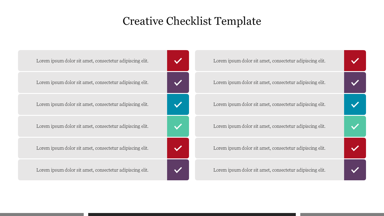 Creative checklist template featuring rows of tasks with colorful checkmarks, neatly organized for visual clarity.