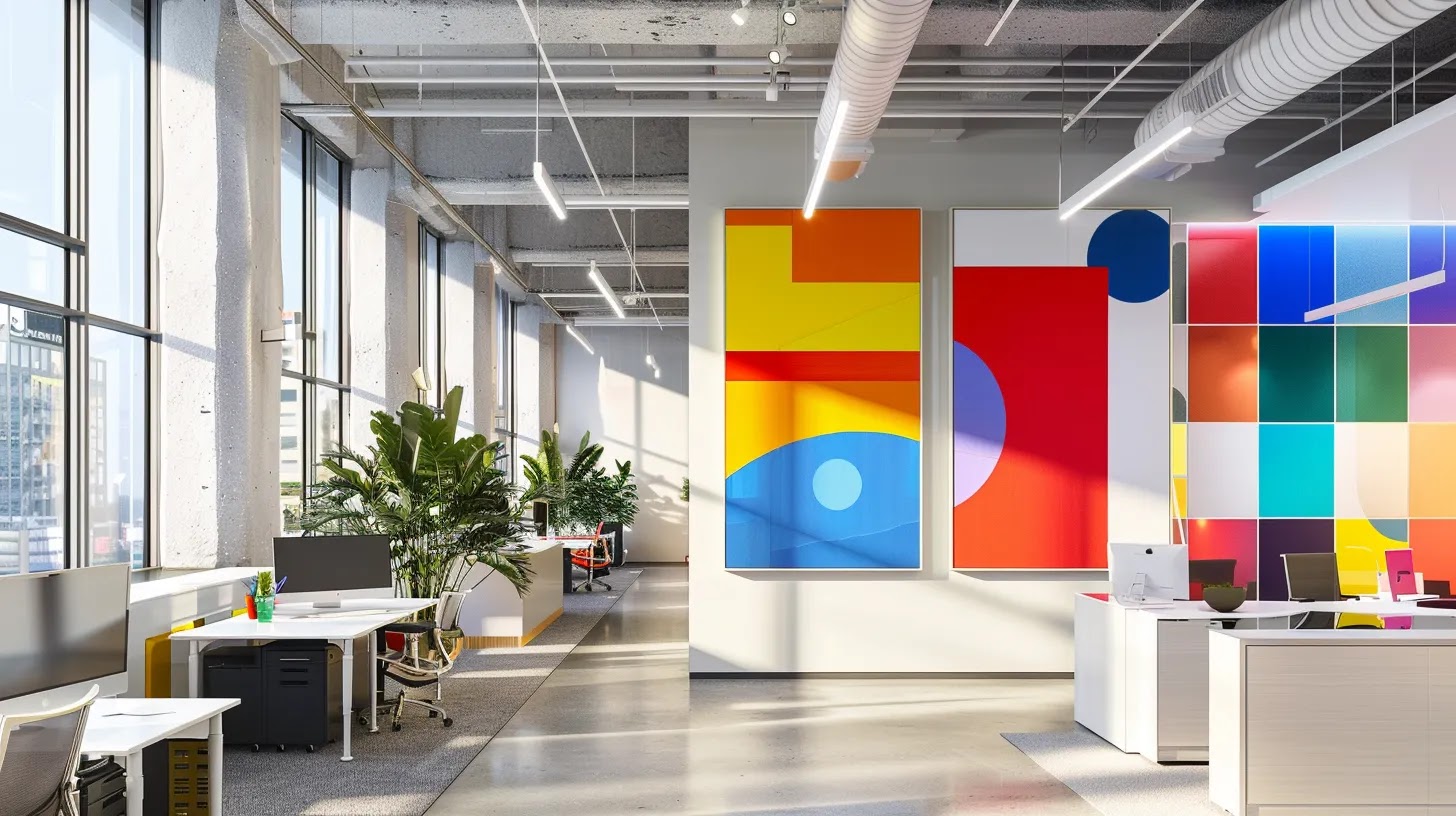 a vibrant and contemporary workspace showcases a striking visual identity design, featuring bold colors and dynamic graphics that symbolize brand storytelling and engagement.