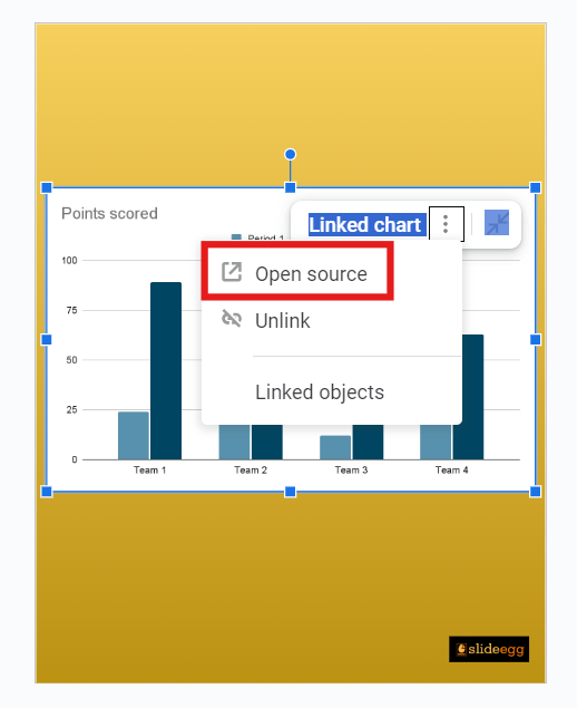 Editing the chart option in Google Slides. Open Source option is highlighted