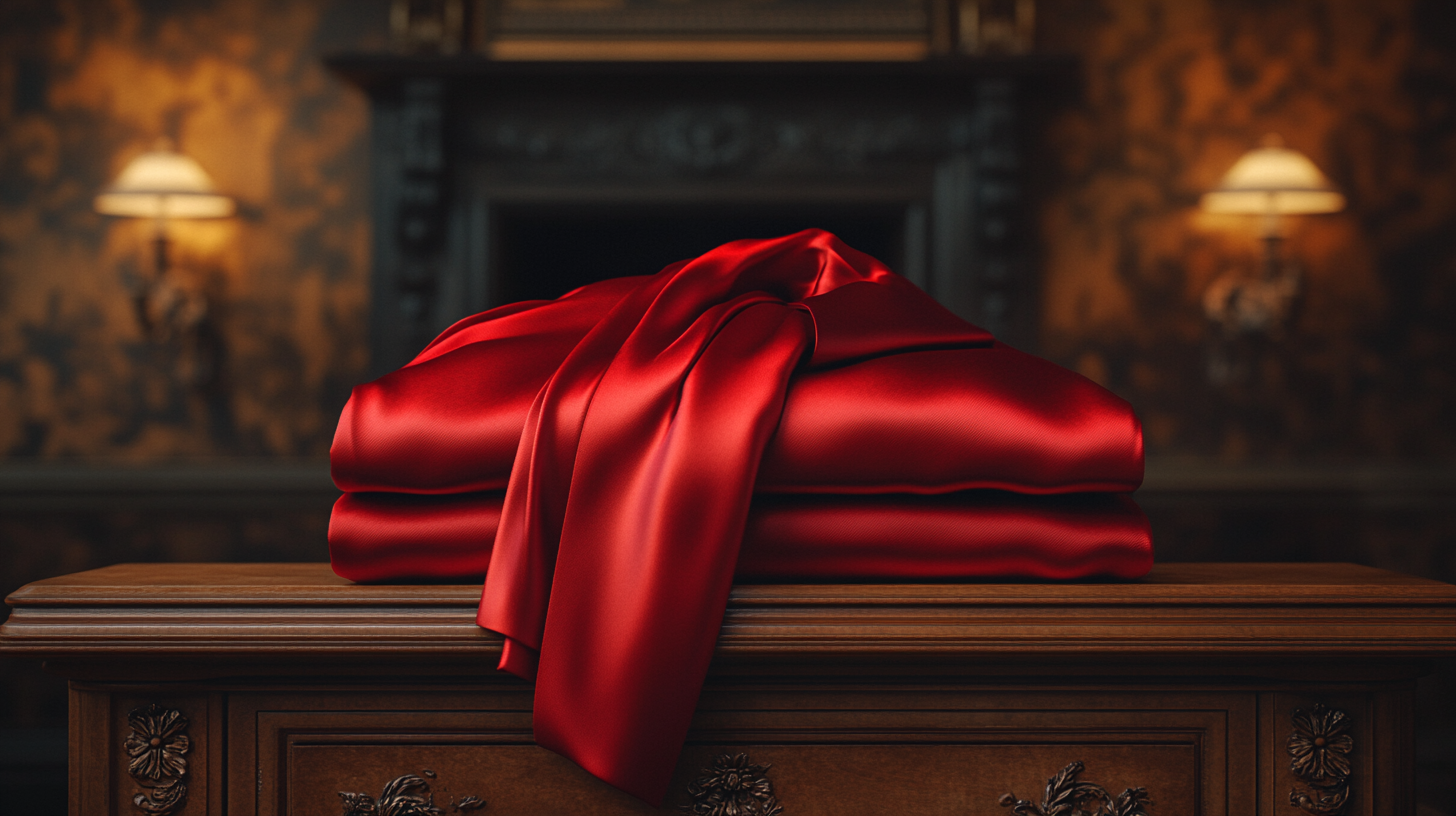 A neatly folded bright red suit placed on a polished wooden surface, its vibrant color standing out against the dimly lit, formal background. The fabric is smooth and crisp, with precise folds showcasing the suit’s structure. The lighting is soft and cinematic, emphasizing the richness of the color and texture. Ultra-realistic, 4K resolution, highly detailed fabric texture.