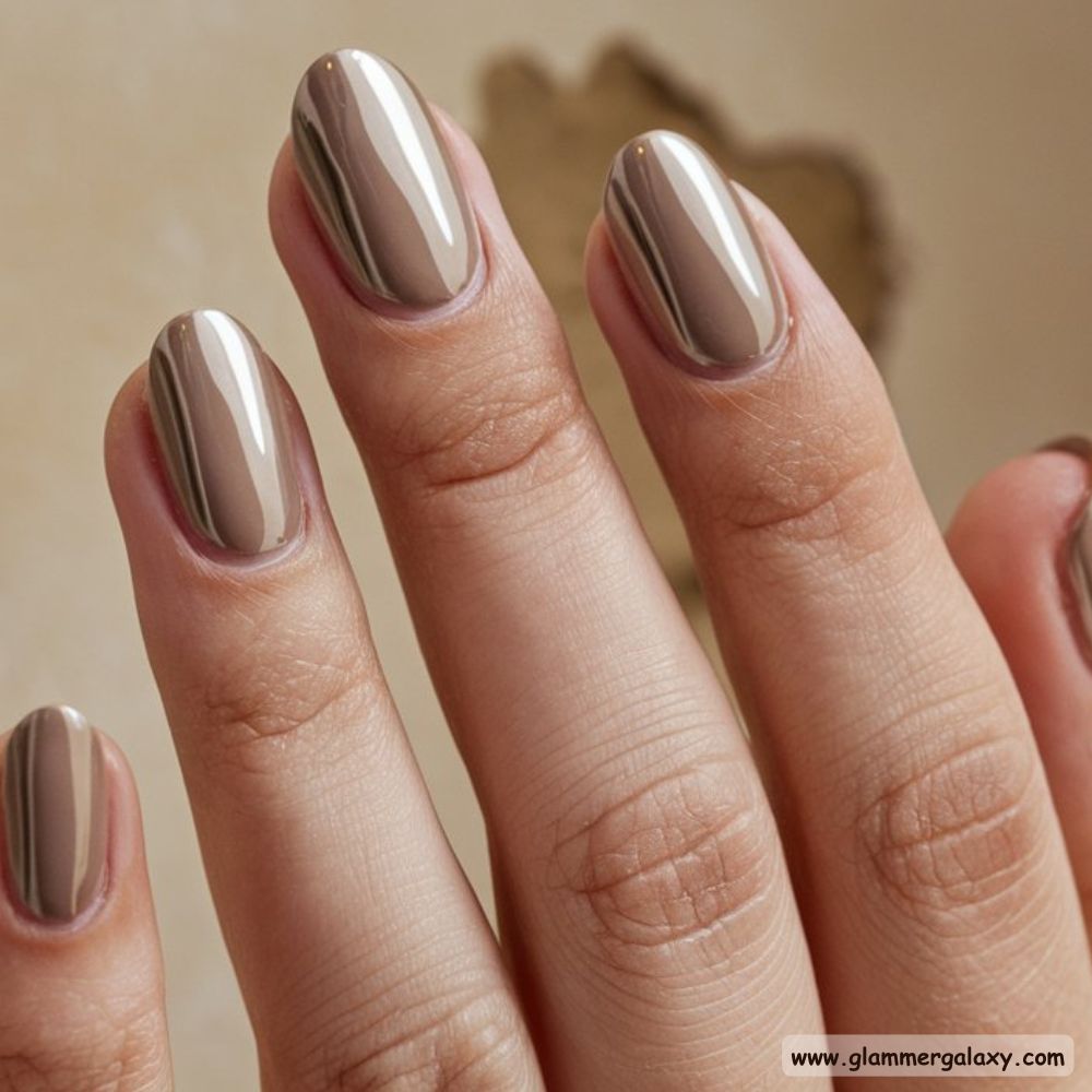 Old Money Inspired Nails having Neutral Chrome Nails
