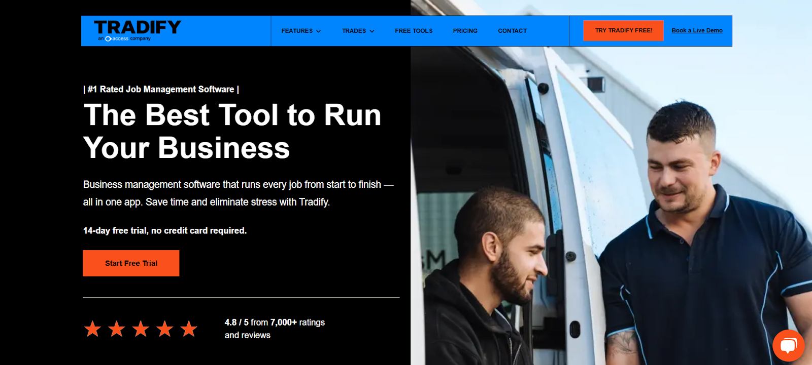 Tradify home page describing its major features