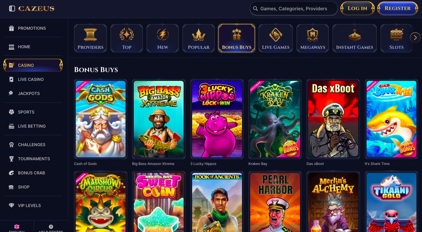 Cazeus casino games options