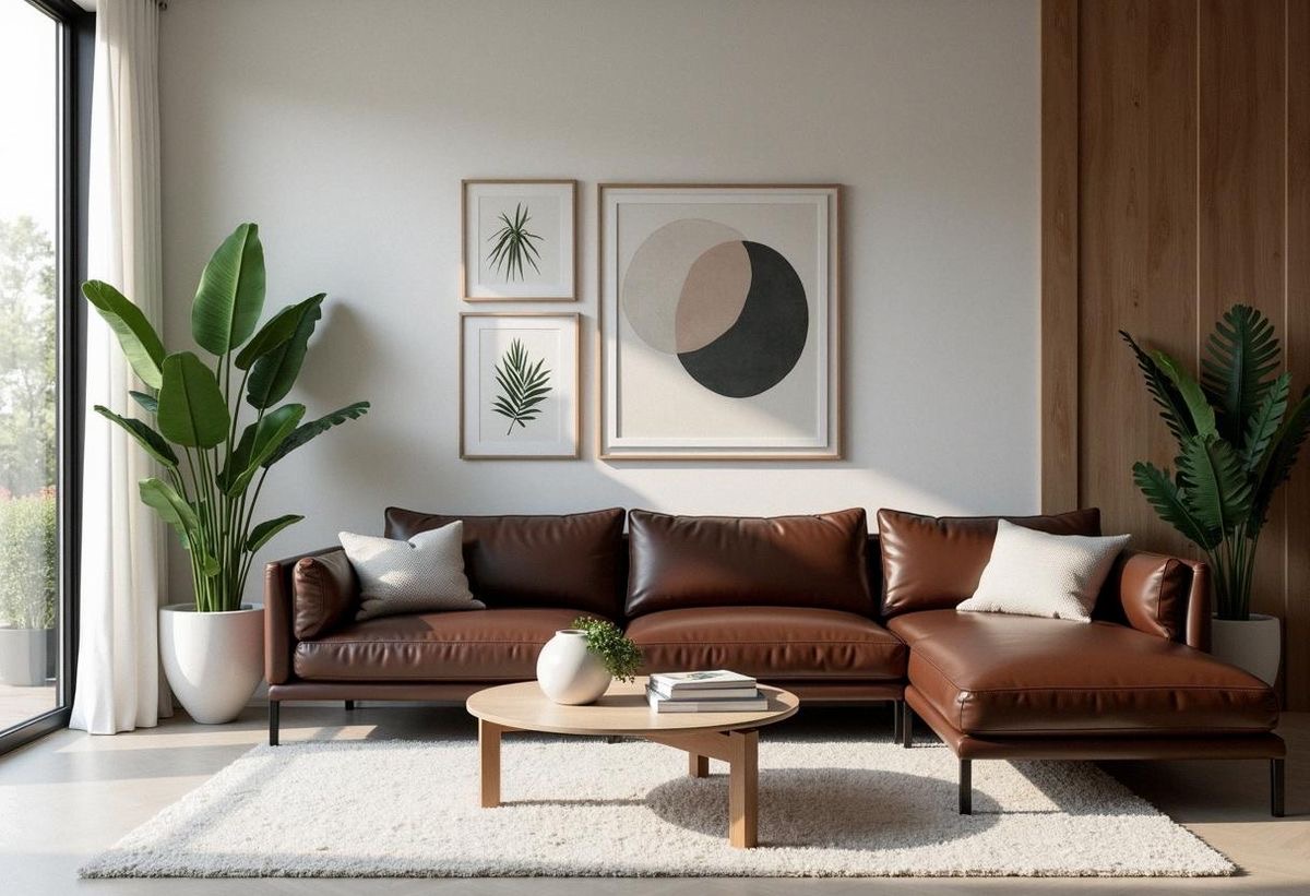 Tan leather and Cream Color sofa