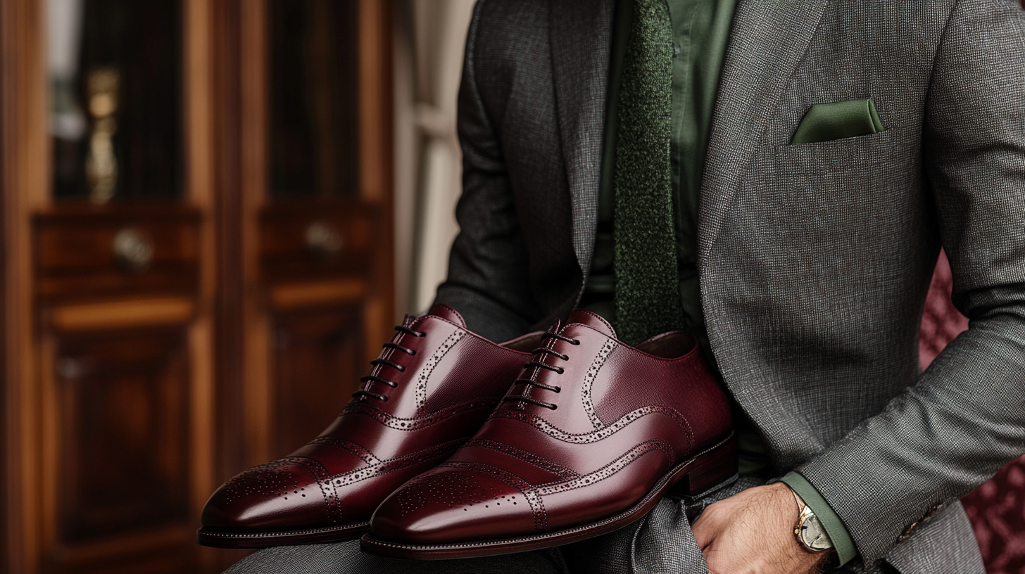 A groom in a perfectly tailored black suit, wearing a crisp green shirt underneath. The deep, rich burgundy or oxblood shoes add a unique touch of personality to the formal outfit, creating a striking contrast with the black suit. The shoes stand out subtly, enhancing the overall look with a touch of warmth and style. The groom’s ensemble is completed with a green tie or pocket square, tying the colors together in a sophisticated, modern way. The scene is set in a luxurious wedding venue, capturing the groom’s refined and confident style on his special day.