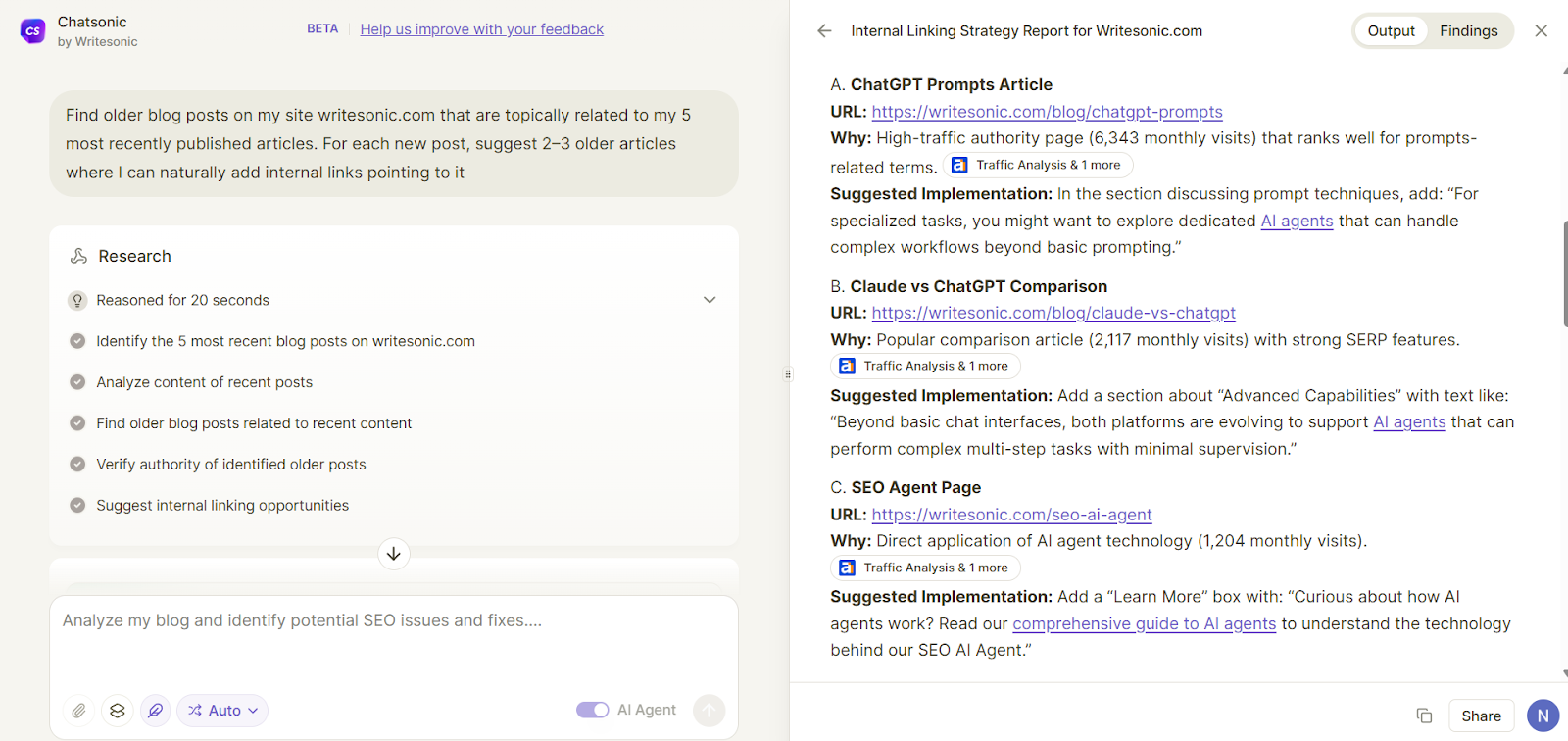 Find older blog posts to add internal links using the SEO AI Agent