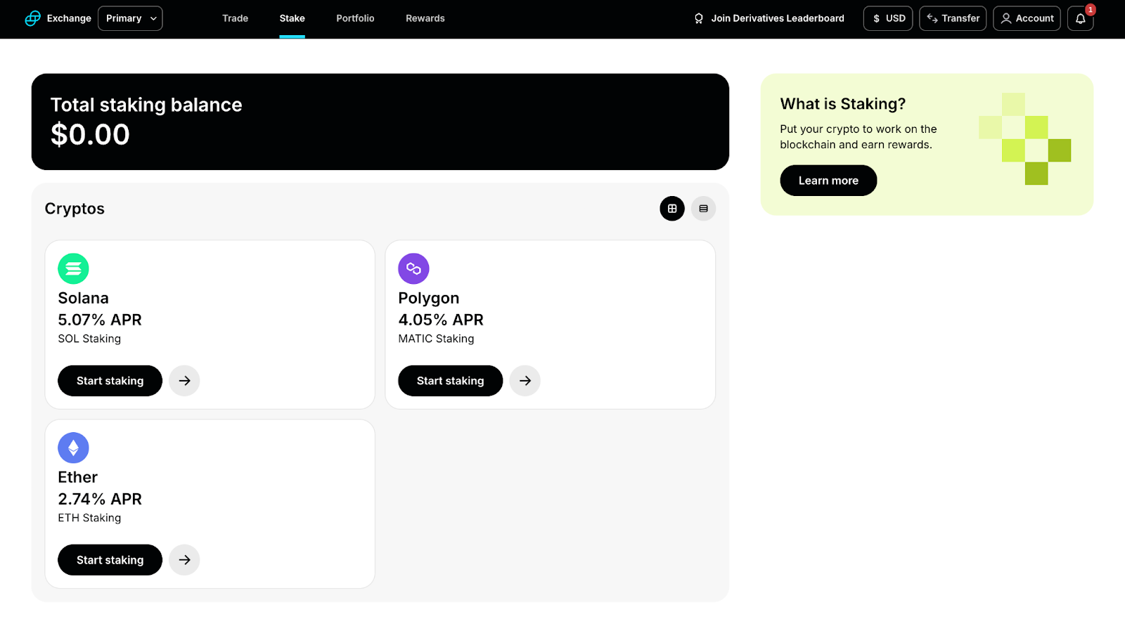 Assets available for staking on Gemini.