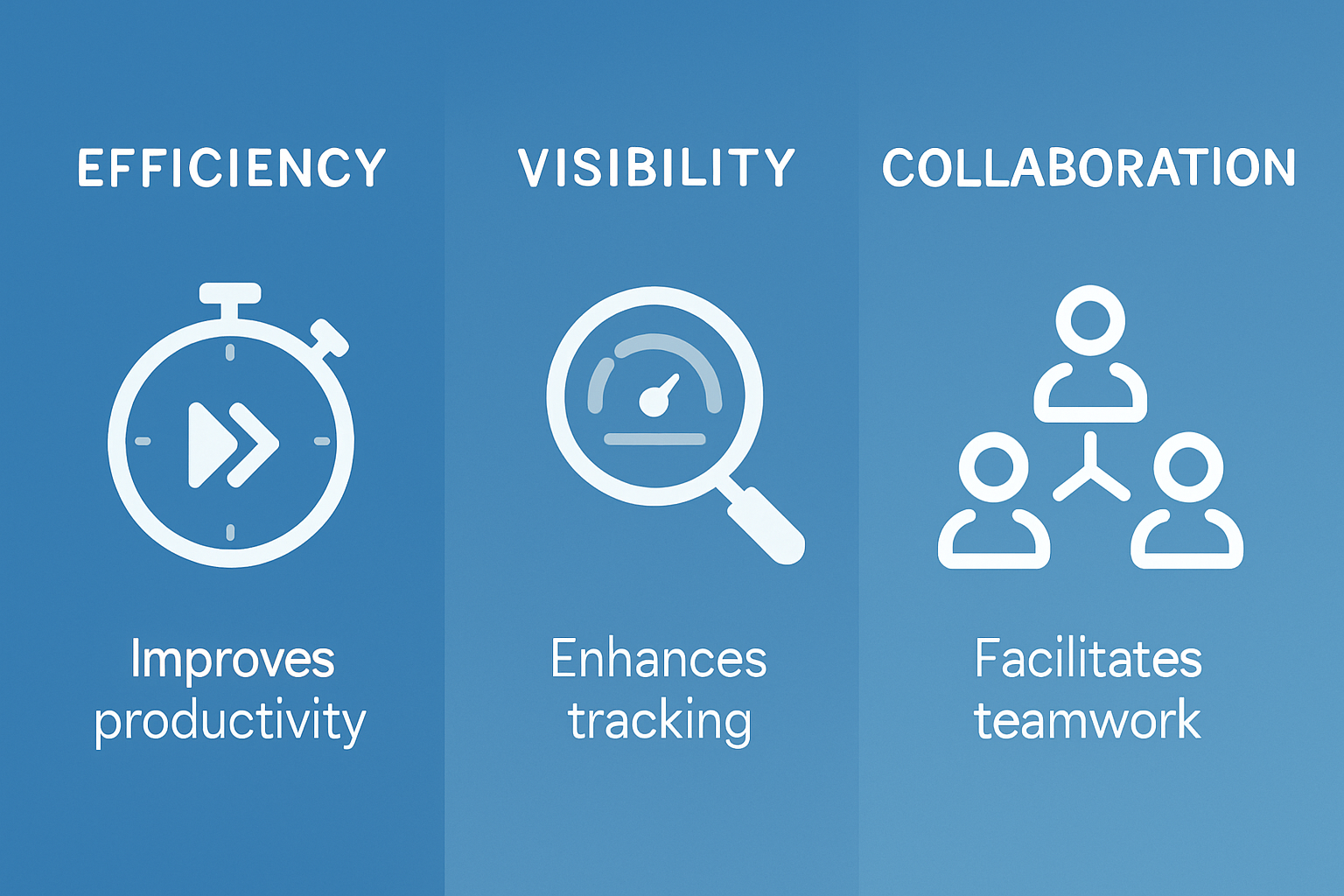 Infographic showing three key benefits of modern test plan tools: efficiency, visibility, and collaboration