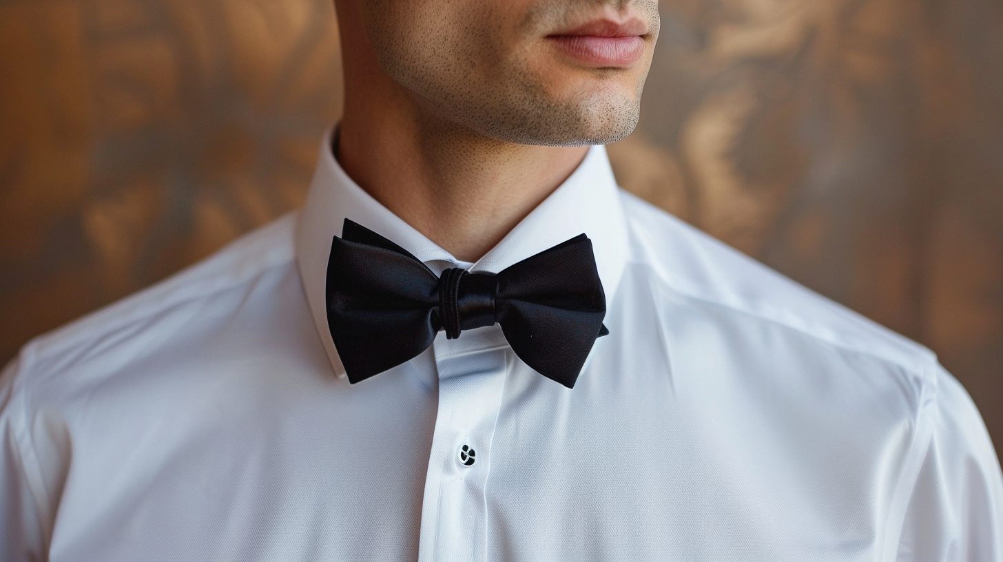 Man wearing a tuxedo shirt with a hidden placket, creating a clean front, paired with a slim bow tie or worn without tie, styled for a minimal, modern formal event.
