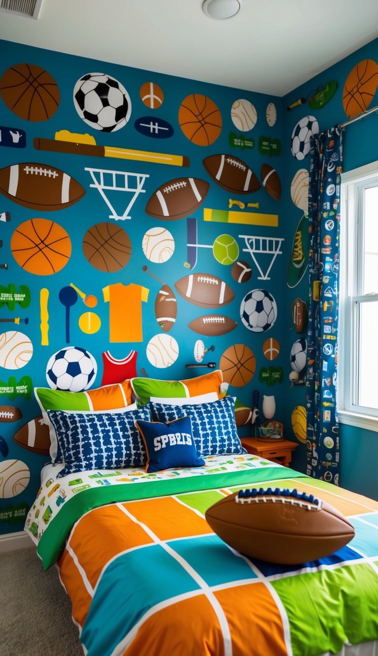 A colorful mural of various sports equipment and activities covers the walls, while sports-themed bedding and decor fill the room