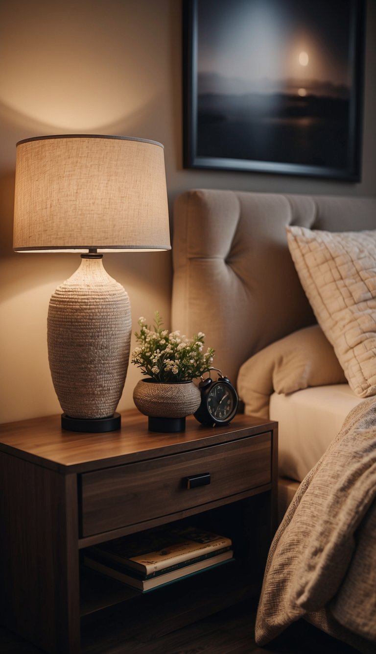 Two matching nightstands with lamps, books, and decorative items. Cozy bedroom setting for a couple