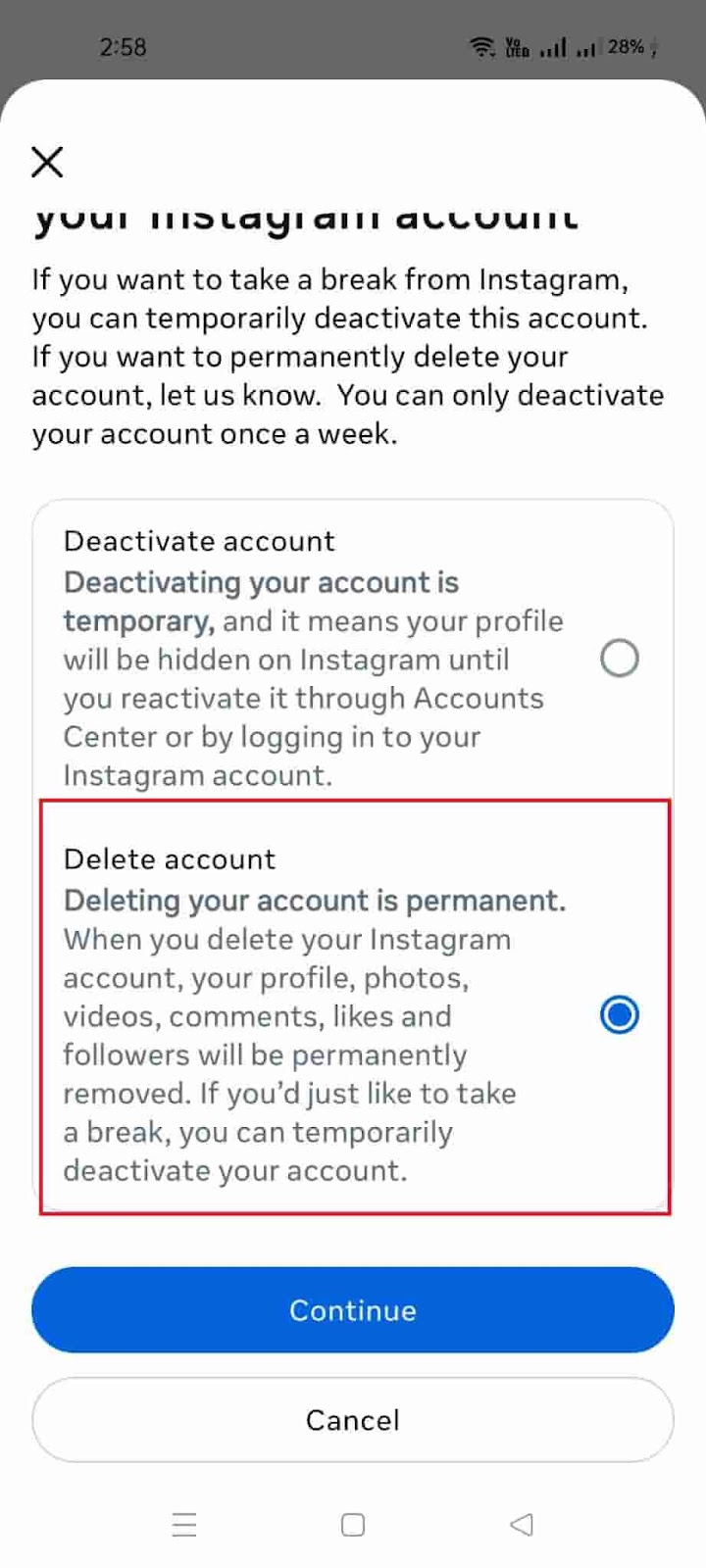 How to delete Instagram Account Without Password - Choose Delete Account