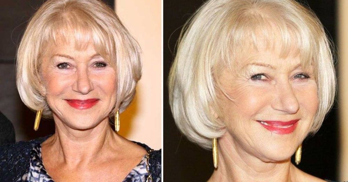 A woman showcasing a transformation with a short blonde bob before and after, highlighting her stylish short bob with bangs.