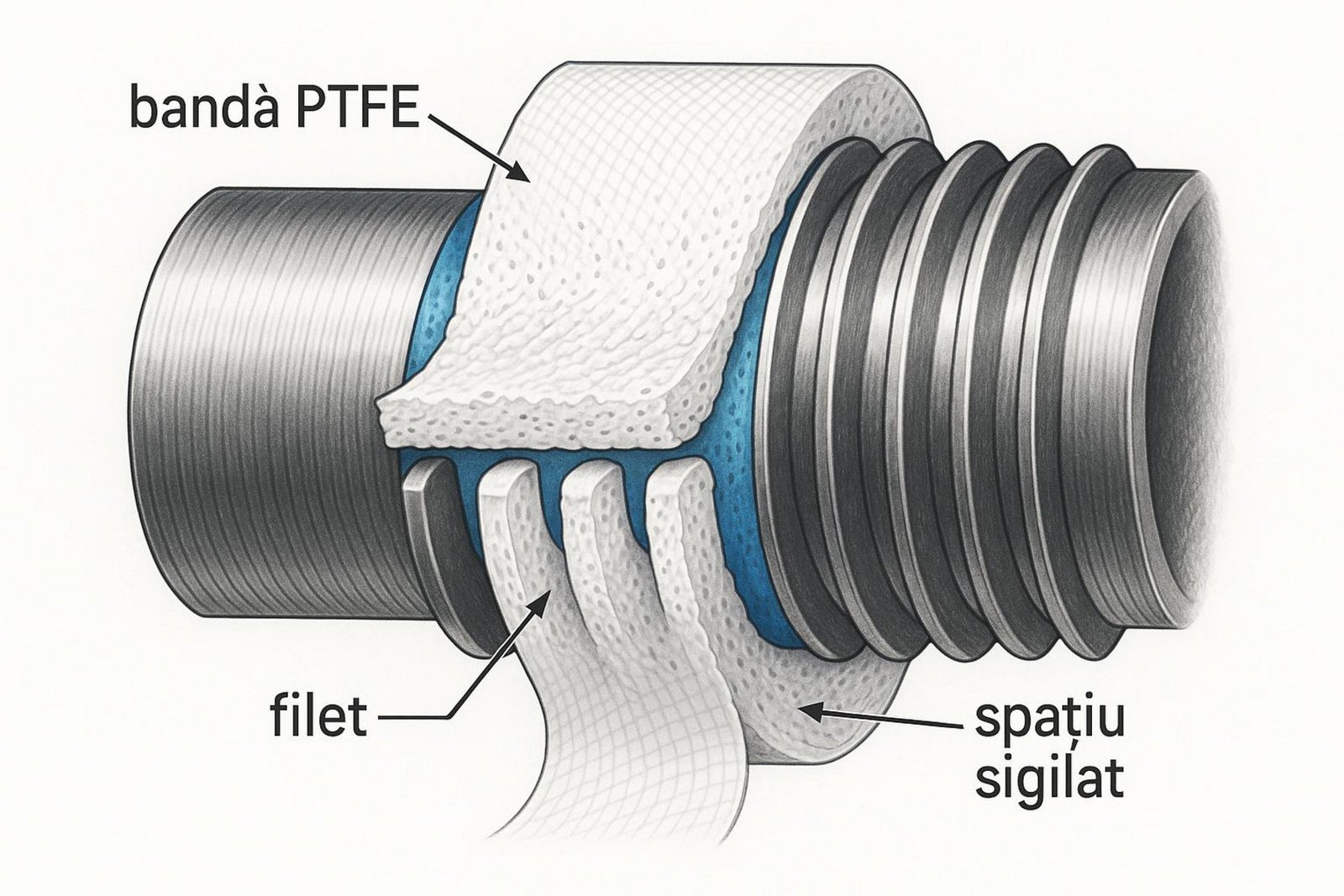 Diagrama explicativă a modului în care banda de teflon umple spațiile dintre filetele unei conexiuni metalice pentru sigilare.