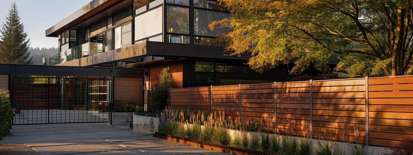 Modern garden gate installation with heavy-duty posts, sleek wooden fencing, and contemporary home architecture, enhancing security and aesthetics for residential properties.