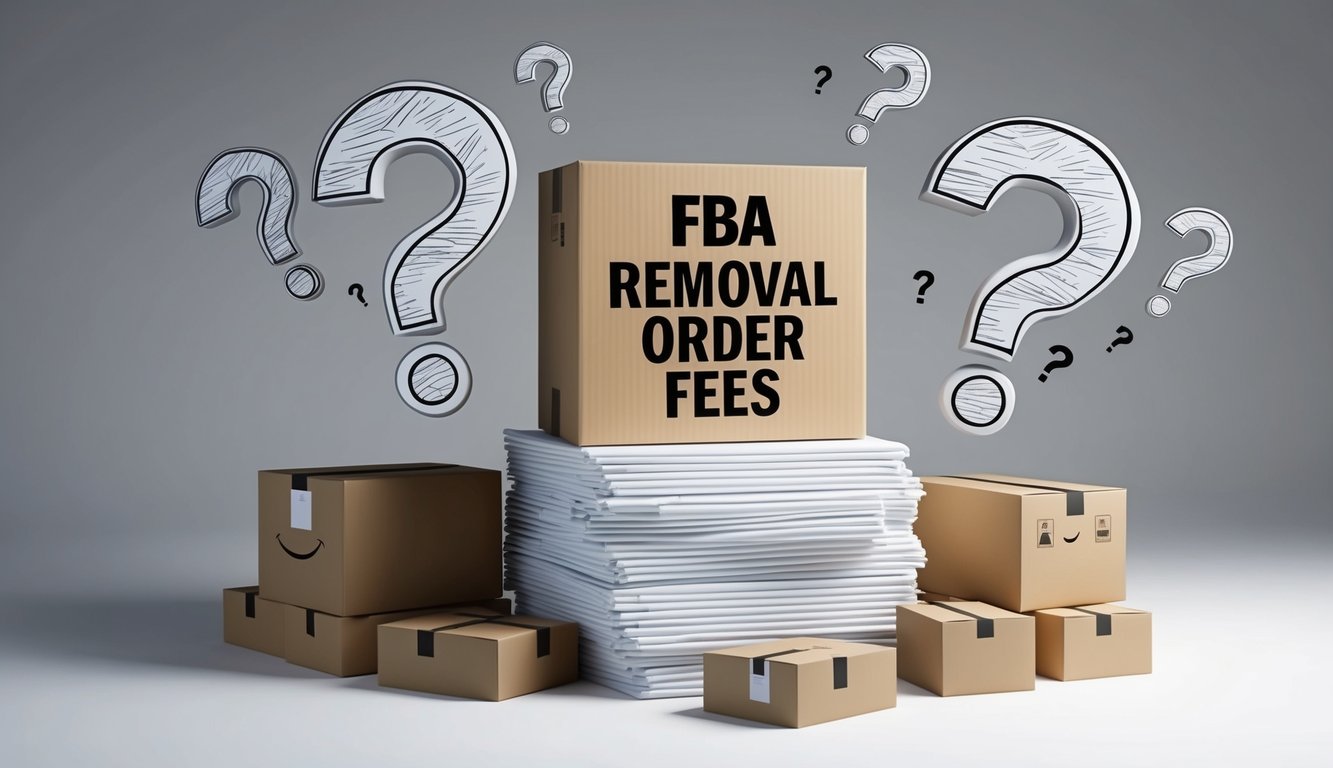 A stack of packages with "FBA removal order fees" label, surrounded by question marks