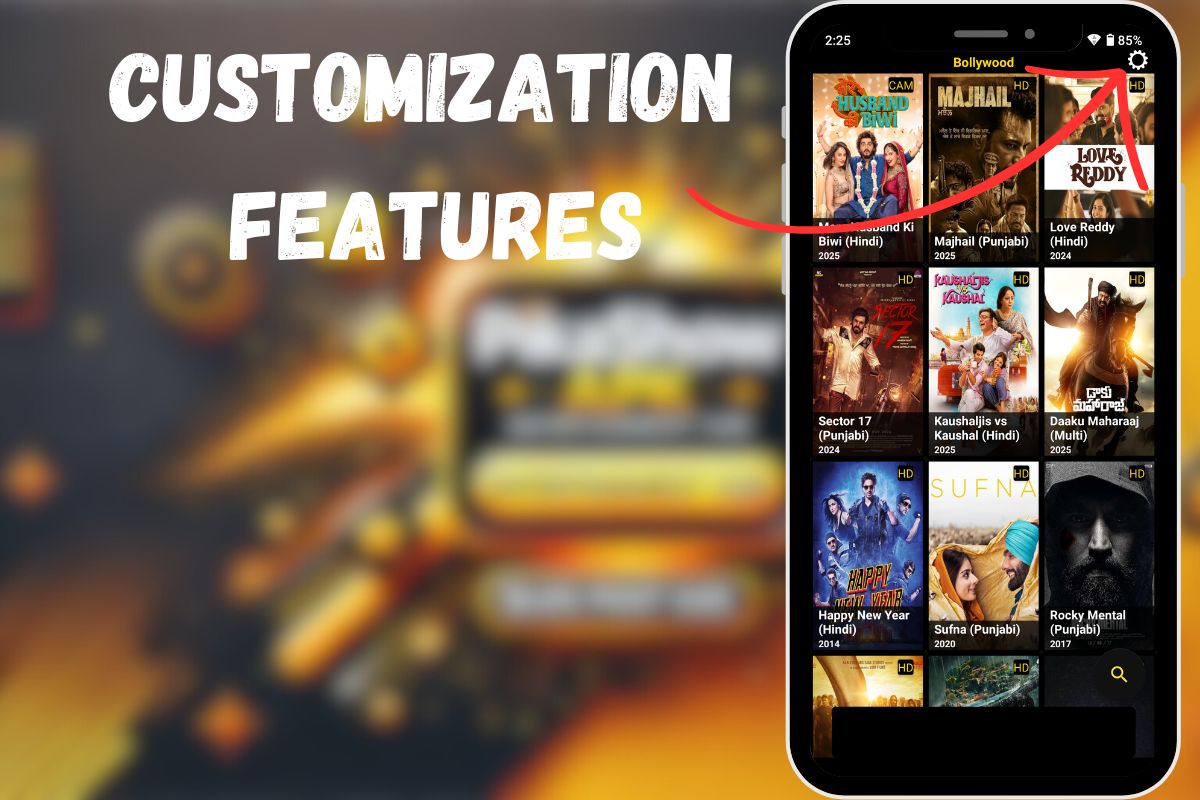 Mobile screen displaying Pikashow app with a "Customization Features" message, highlighting personalized content options.