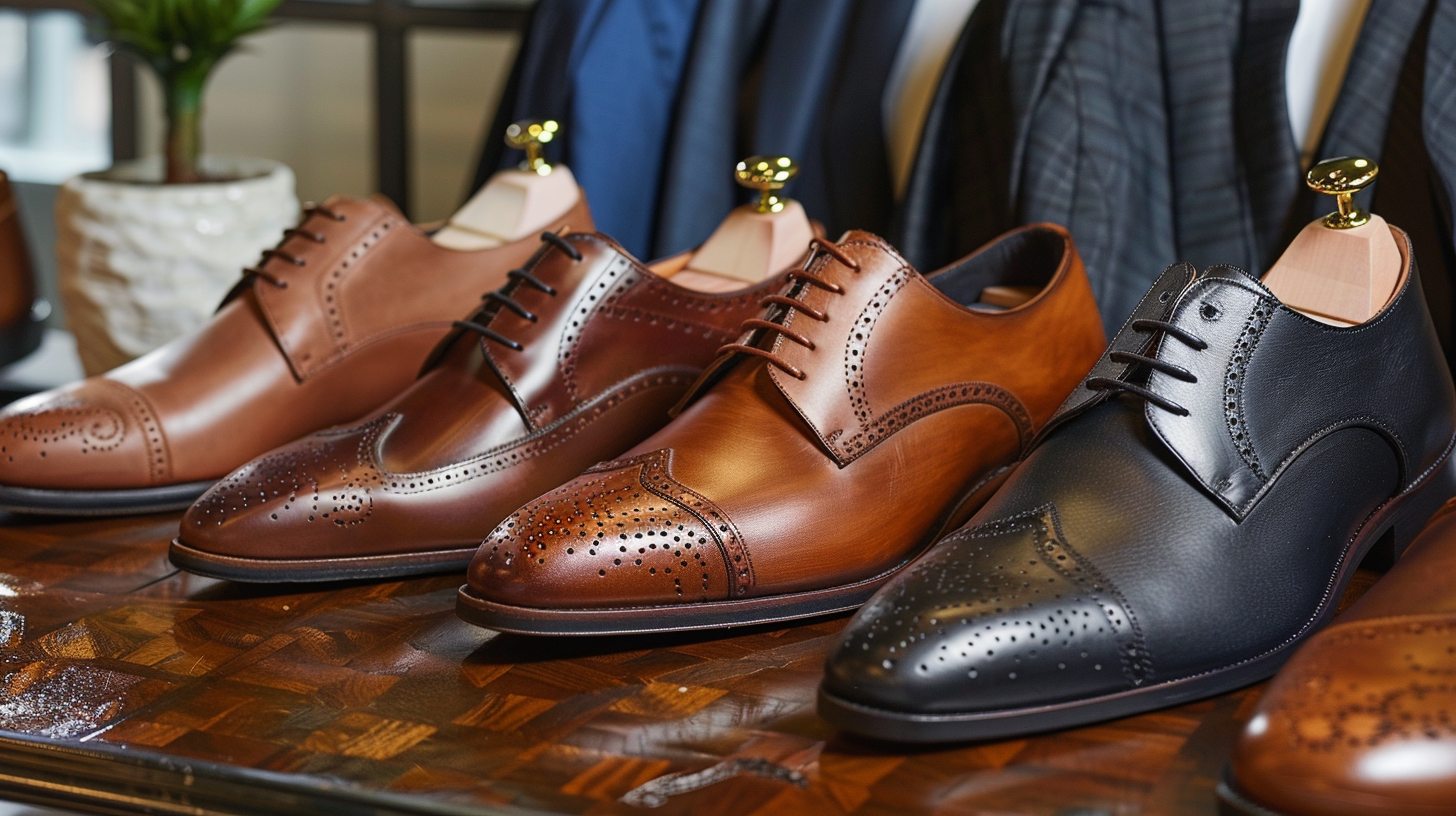 Classic men’s dress shoes--Oxfords, brogues, and monk straps--shown in modern finishes like burnished leather, matte suede, and bold stitching. Set against a prom-themed backdrop with suits and accessories.