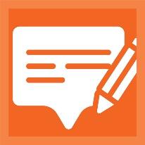 A white and orange square with a pencil and a speech bubble</p>
<p>Description automatically generated