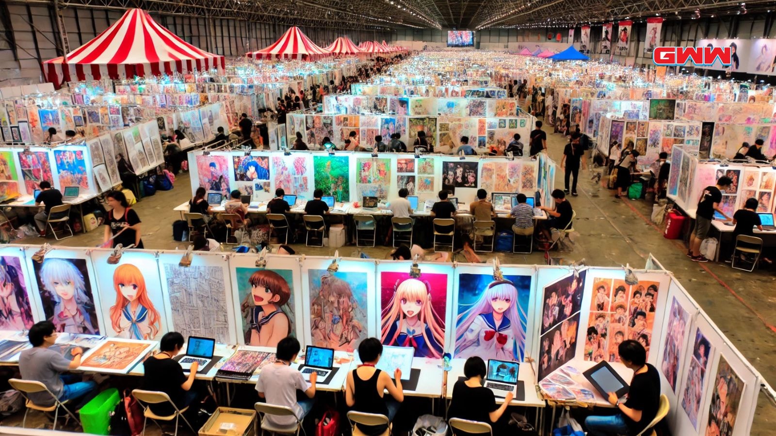 A lively and expansive art fair scene showcasing a vast number of anime fan artists at work.