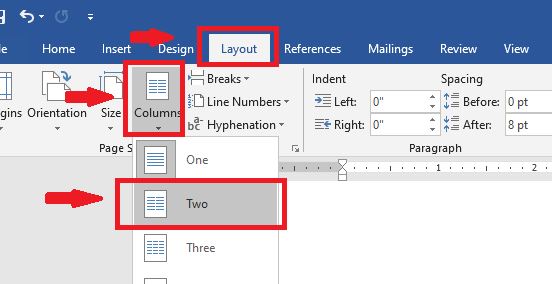 Masuk ke menu “Layout” dan cari ikon “Columns”. Klik panah ke bawah dan pilih 2 kolom.