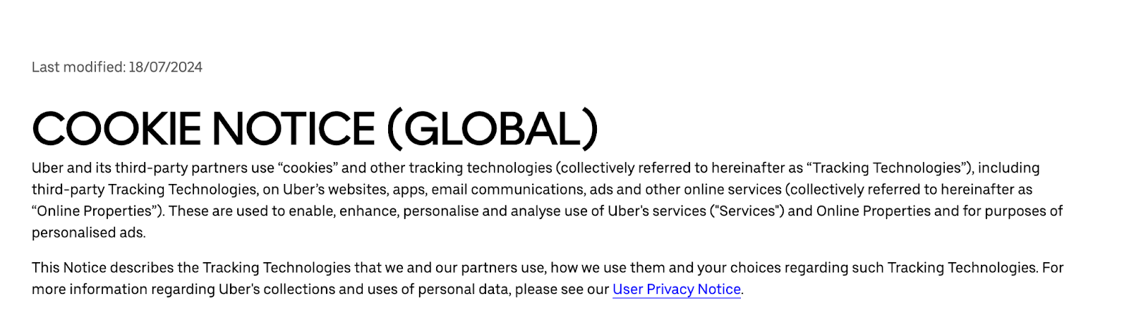 Uber cookie policy updates