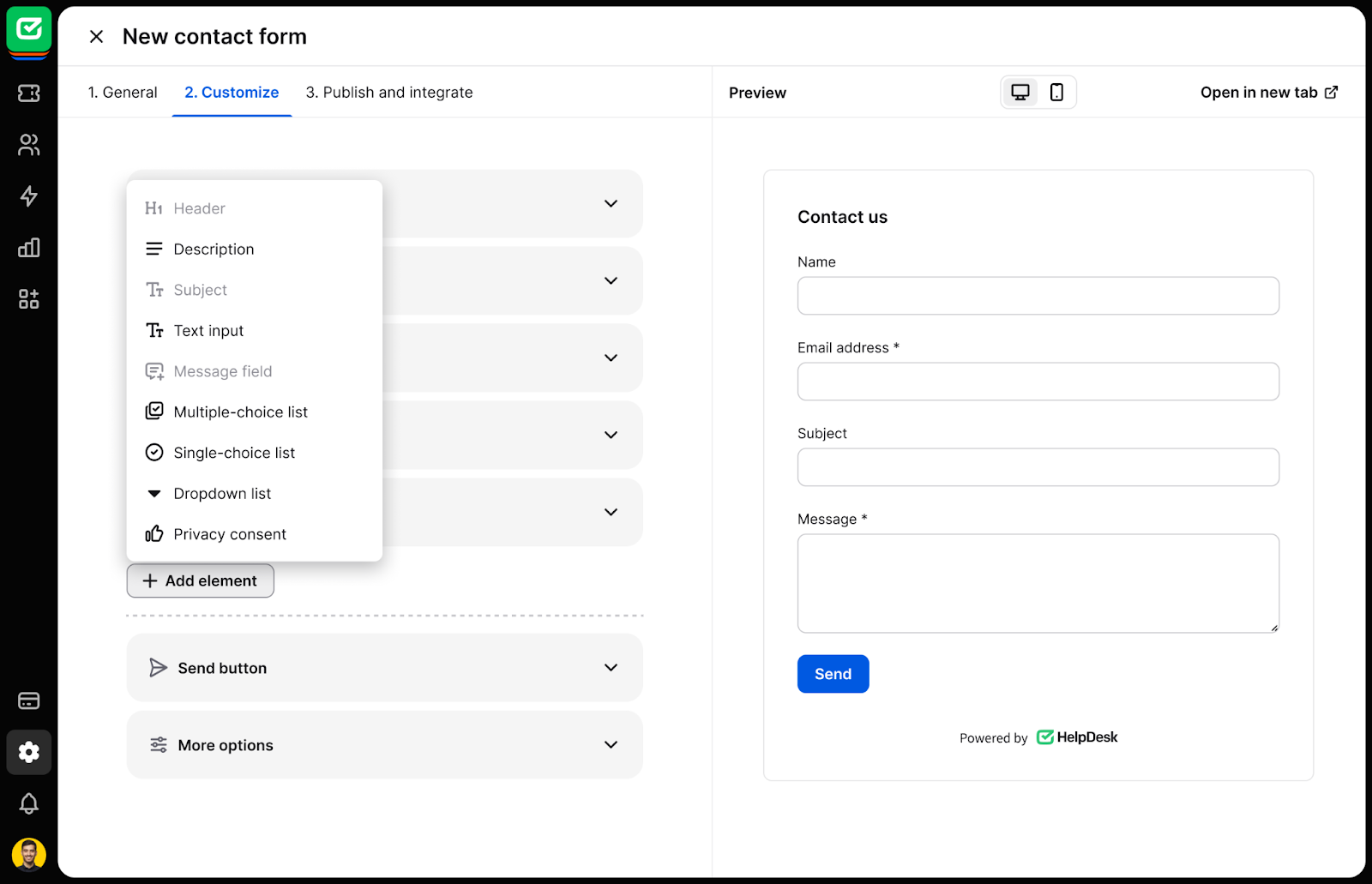 &ldquo;Add element&rdquo; options for the contact form in HelpDesk.