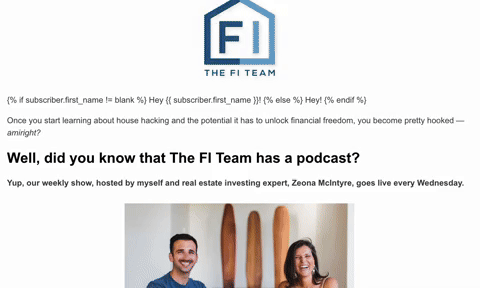 GiF of The FI Team nurture sequence email that provides their podcast listeners value