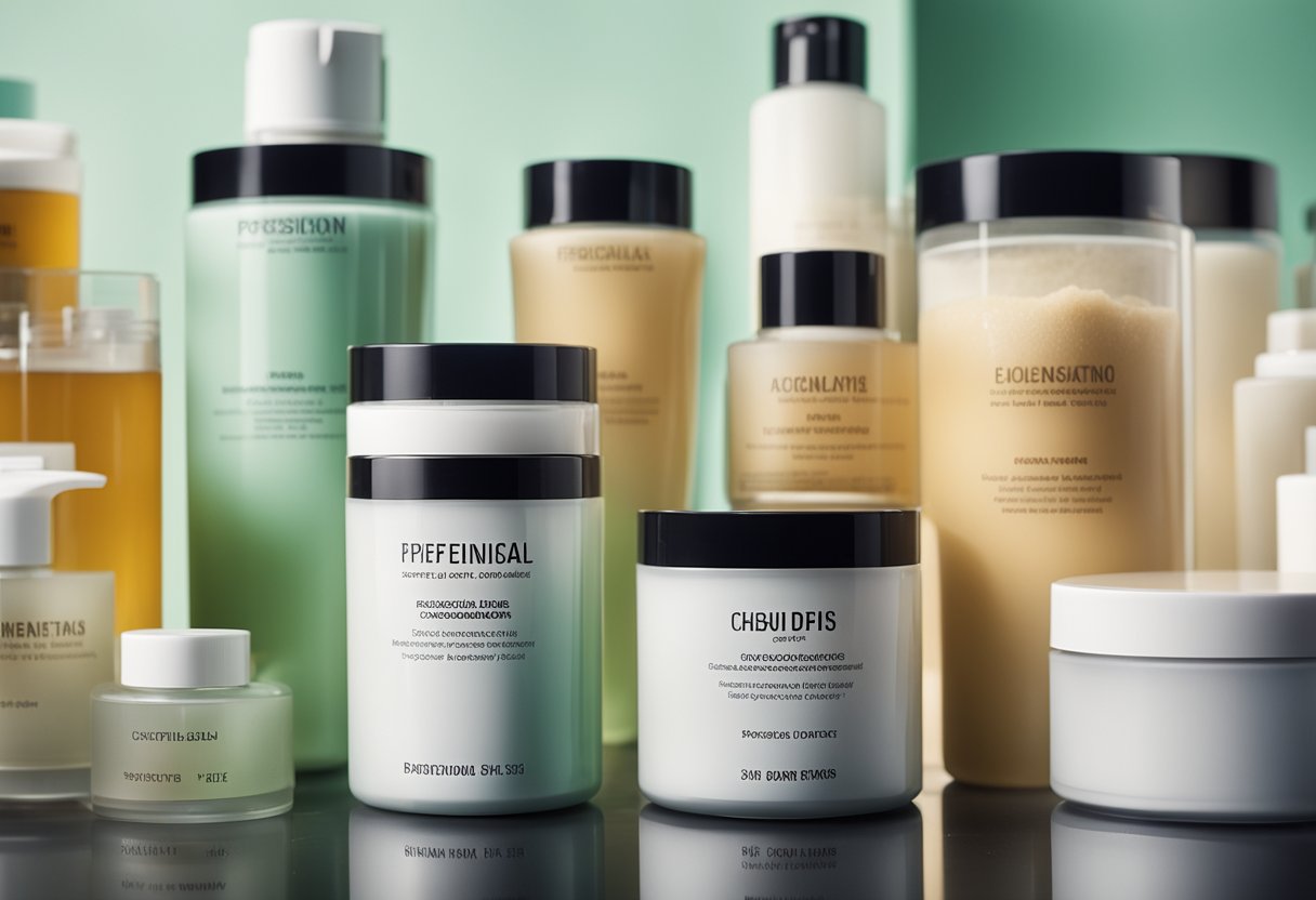 A variety of chemical exfoliation treatments displayed on a clean, organized surface with labeled containers and clear product details