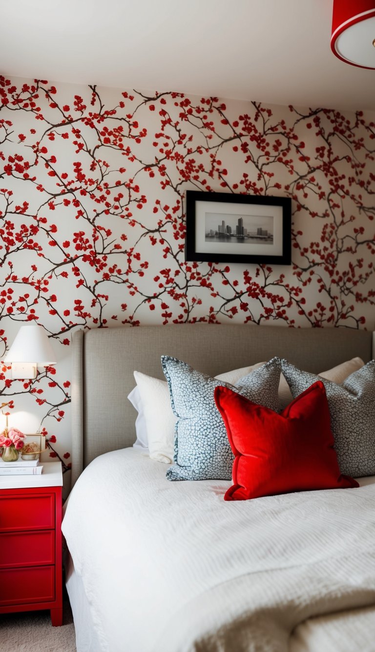 A cozy bedroom with cherry blossom wallpaper, red accents, and soft lighting