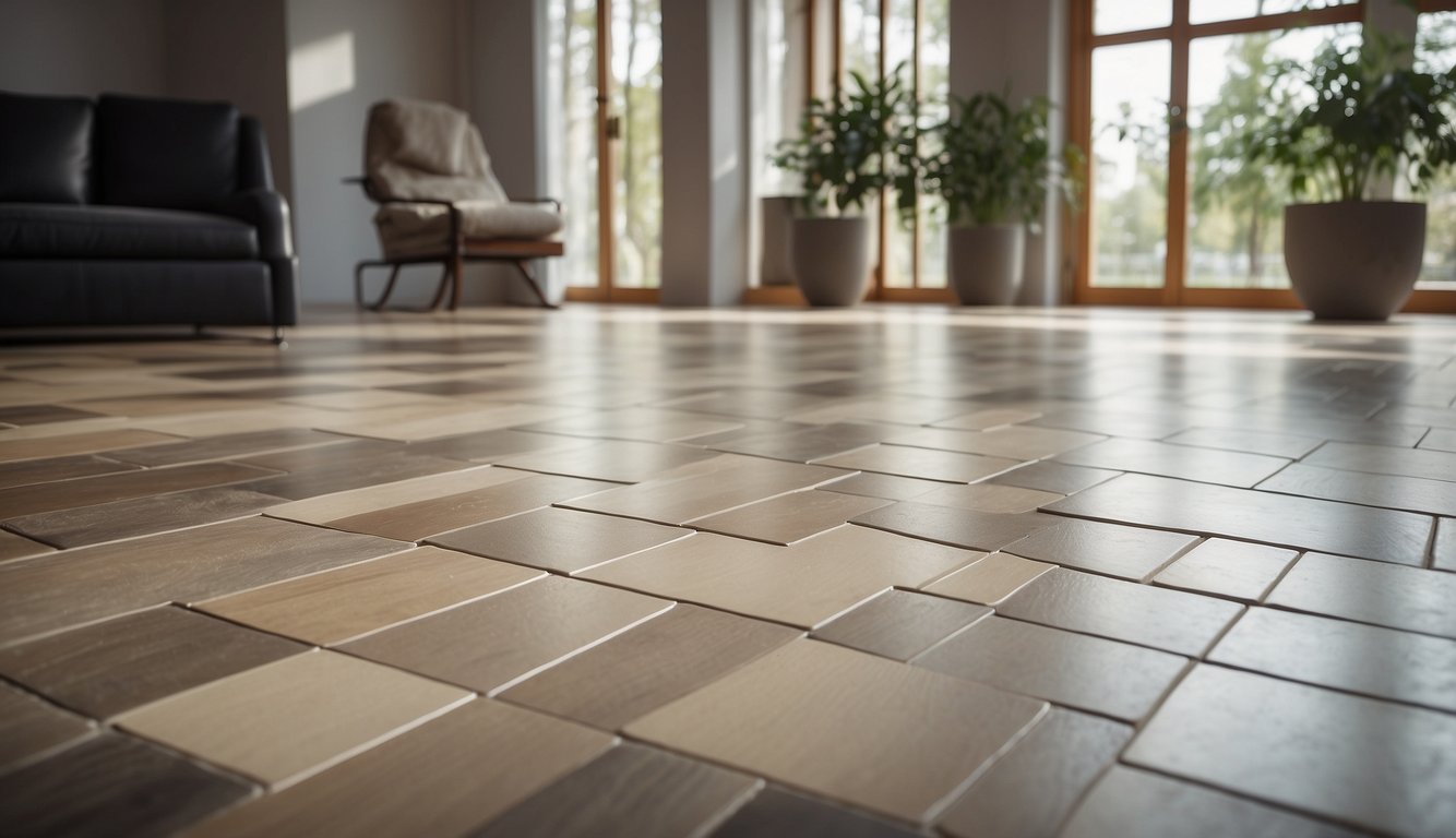A room with tile flooring, a layer of PVC flooring being laid over the tile. The PVC flooring is smooth and luxurious, with a realistic wood or stone design