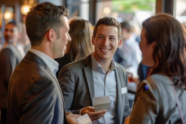 A group of professionals standing around actively talking and networking  with each other at an event A lively networking event with professionals  mingling and exchanging business cards | Premium AI-generated image